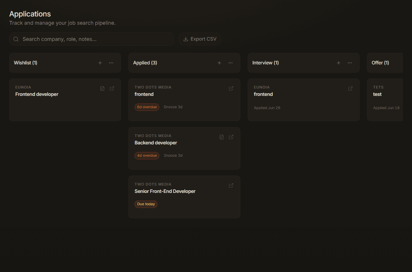 DevTrack kanban board